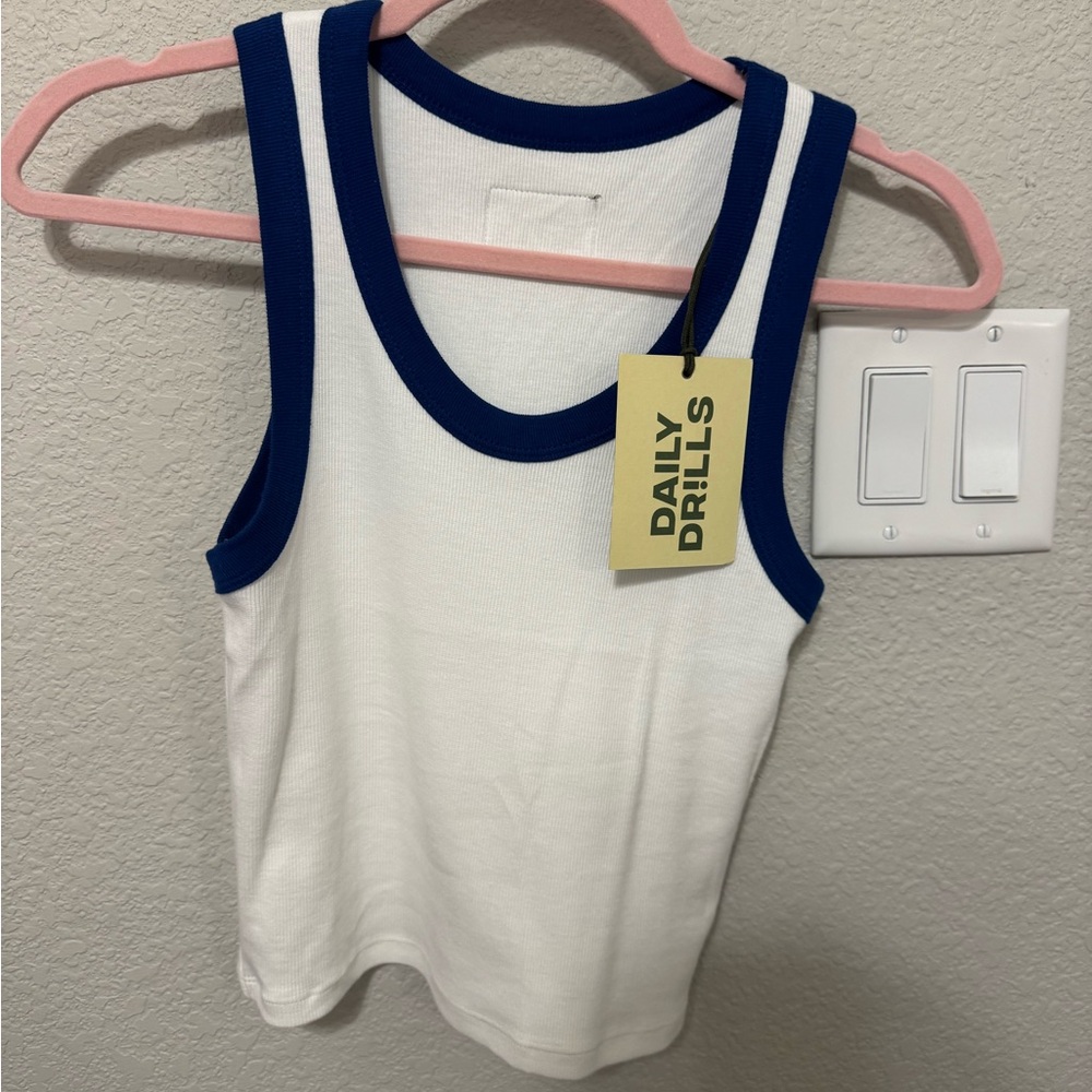 Daily Drills White and Blue Logo Tank